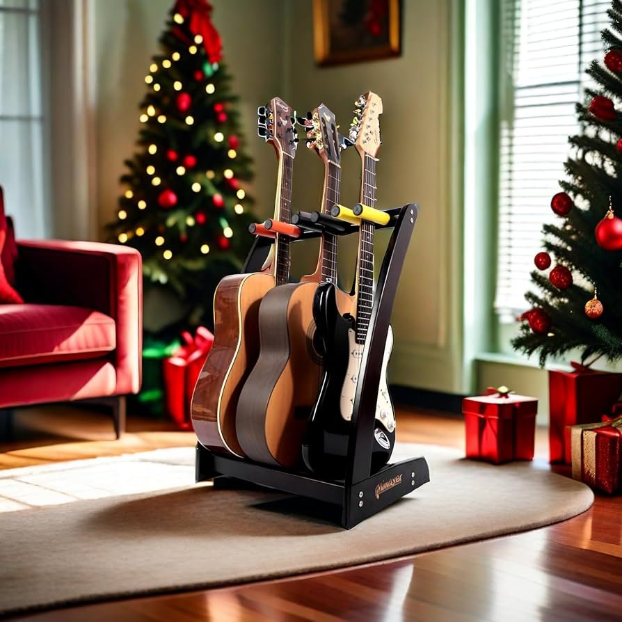 Acoustic guitar on stand ready for practice during holidays